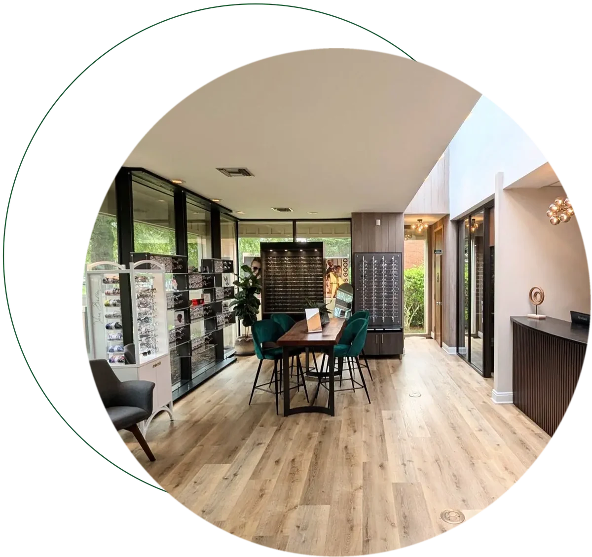 Interior of the Focal Point Vision optical showroom in Fairhope AL with eyeglass displays and reception desk