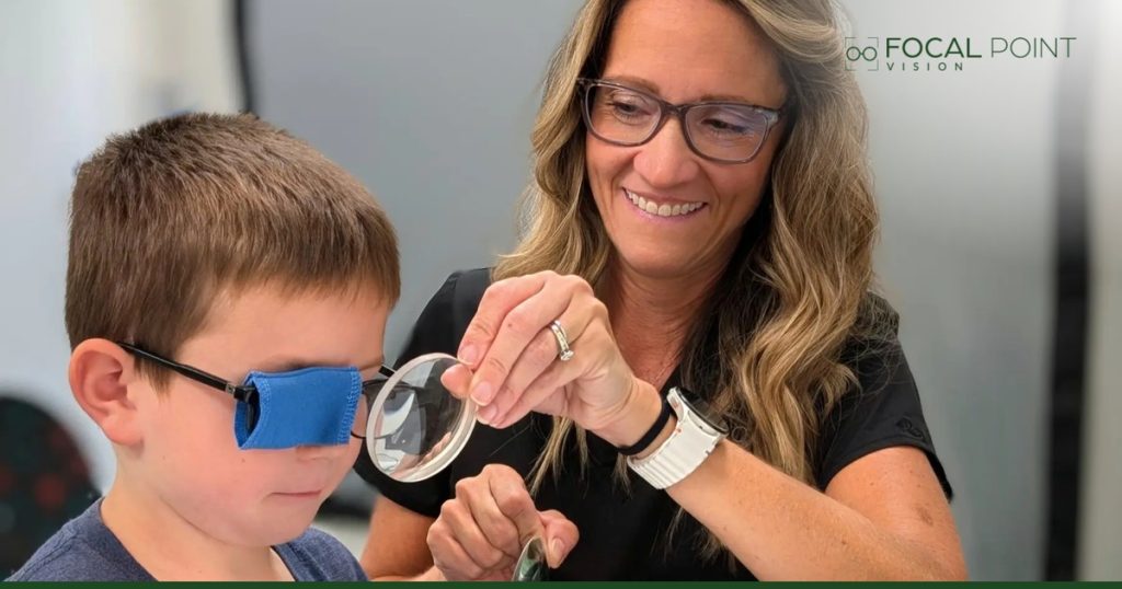 Child receiving a pediatric vision exam at Focal Point Vision in Fairhope AL