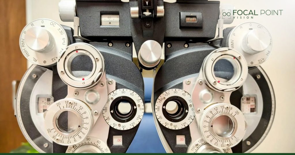 Phoropter used during eye exams at Focal Point Vision in Fairhope AL